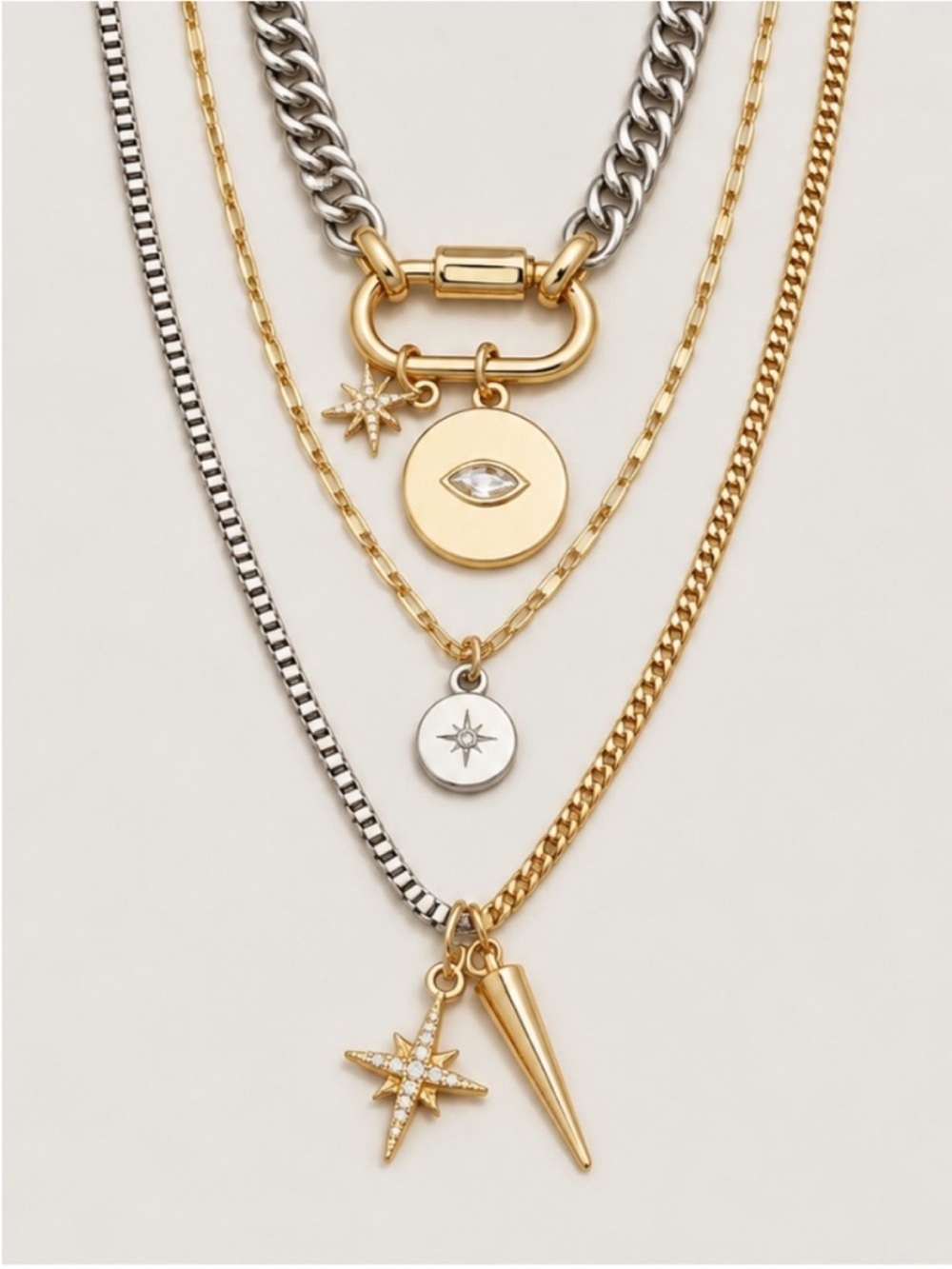 New! Gold Silver Mixed Metal Evil Eye Stack Necklace Set 5011